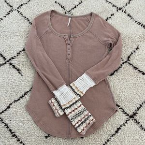 Free People Alpine Knit Cuff Newbie Thermal Henley Long Sleeve Top Sz S